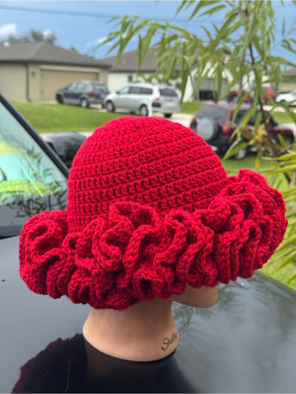Handmade Red Crochet Ruffle Cloche Hat